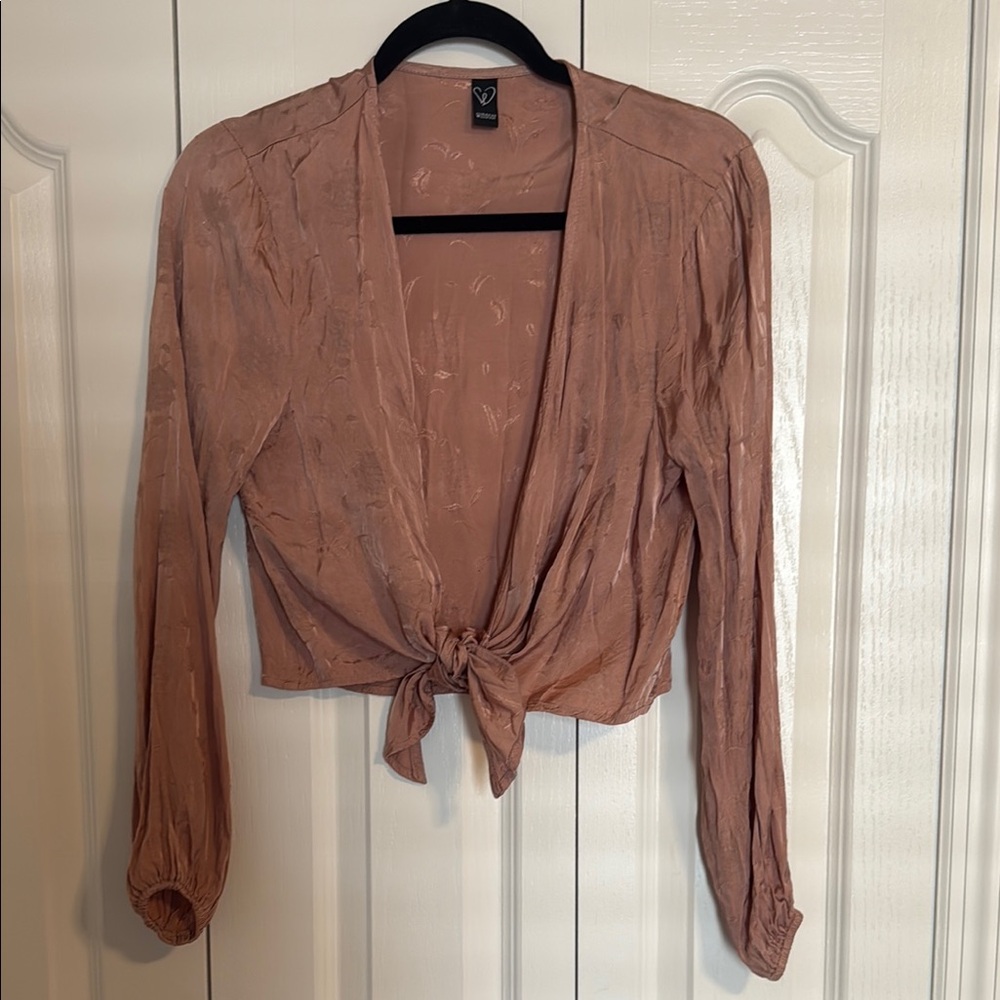 Windsor Pink Long Sleeve Tie Front Crop Blouse
